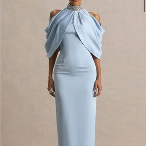Sulliana- powder blue satin high neck maxi dress with embellished details